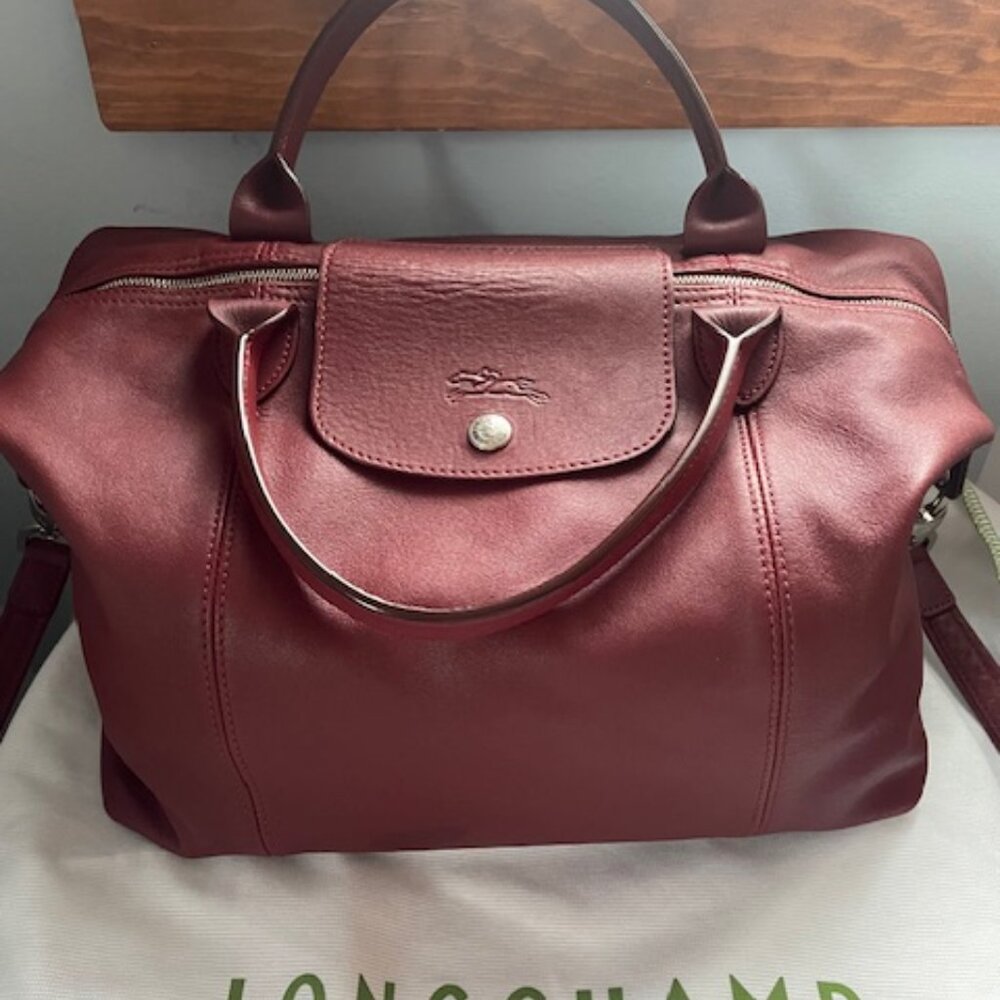 Longchamp Dark Red Le Pliage (Cuir)Leather Tote/Crossbody Bag